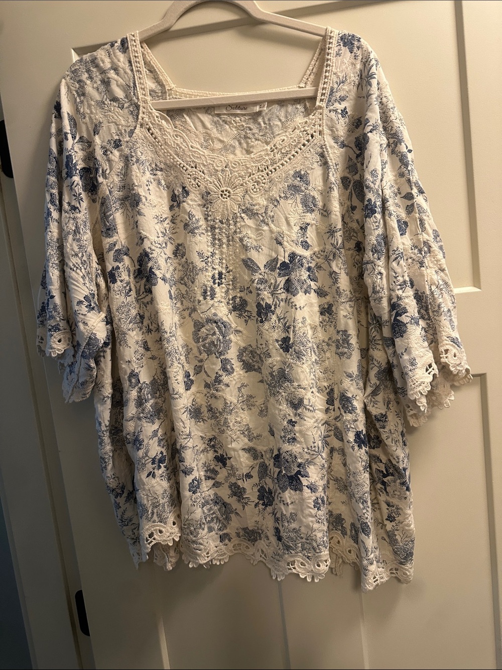 Solitaire Cream Tunic with Blue Floral Print and Lace Trim